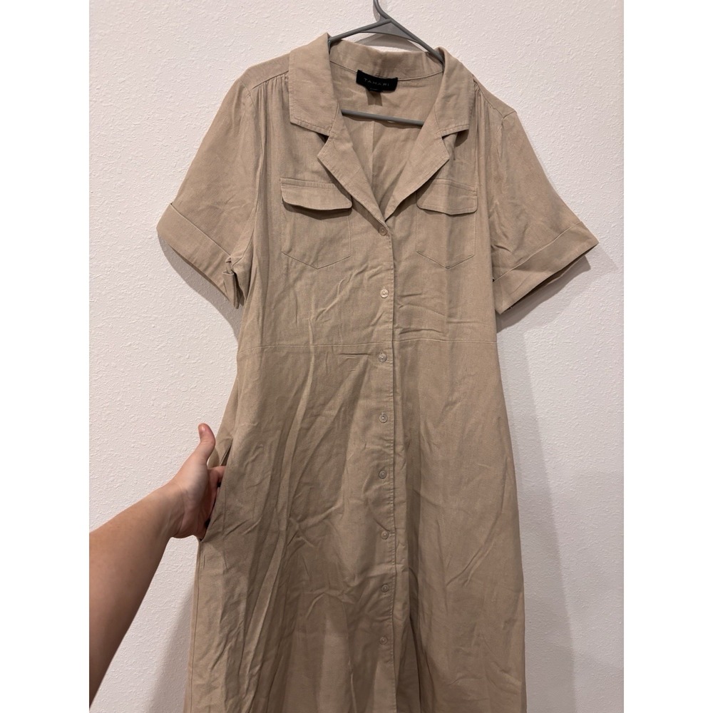 Tahari XL Linen Blend Beige Belted Utility Shirt Dress Short Sleeve Cuffed - Picture 7 of 16